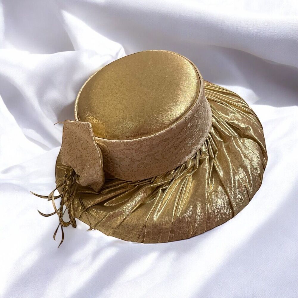 Donna Vinci Couture Church Hat Gold Lame With Feature And Rhinestone Accents